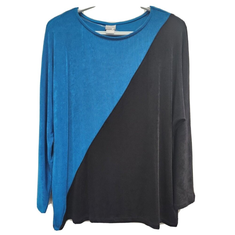 Chicos Travelers Womens Top Medium Blue Black Slinky Long Sleeve‎ Minimalist
